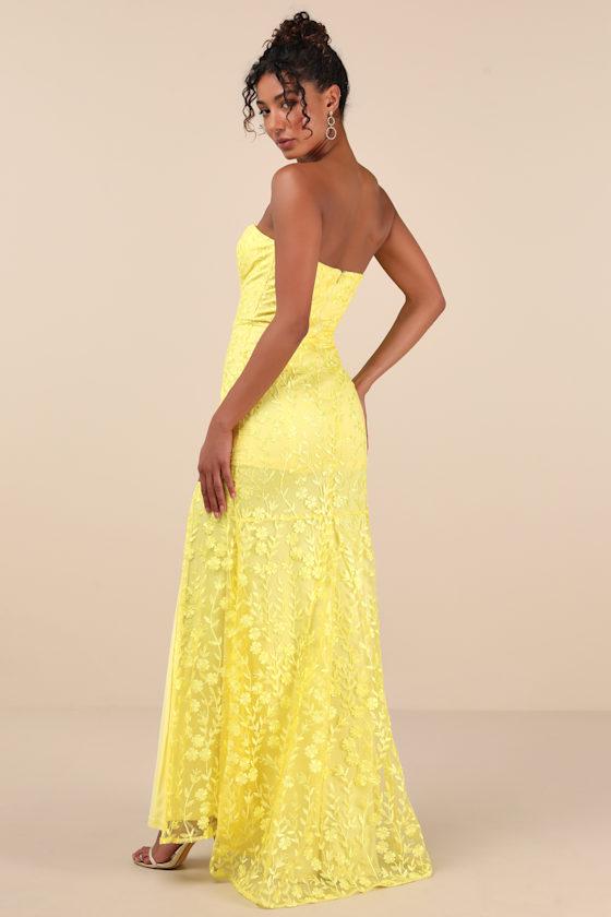 Romantic Beauty Yellow Floral Embroidered Strapless Maxi Dress Product Image