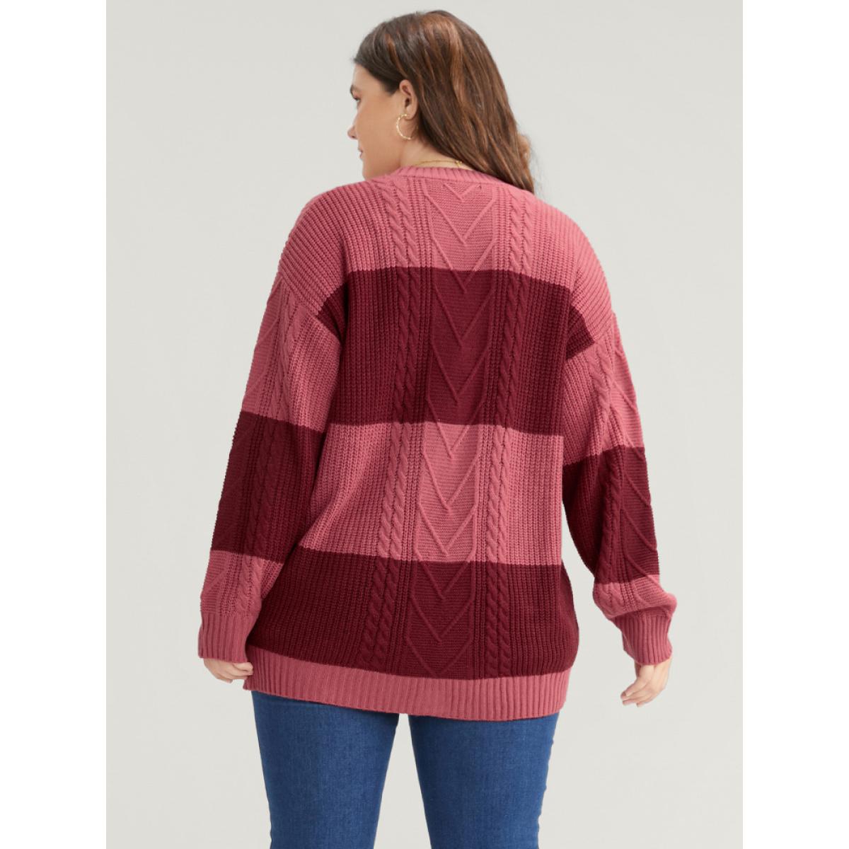 Plus Size Colorblock Contrast Pointelle Knit Pocket Button Front Cardigan Multicolor Women Casual Loose Long Sleeve Dailywear Cardigans BloomChic 10/M Product Image