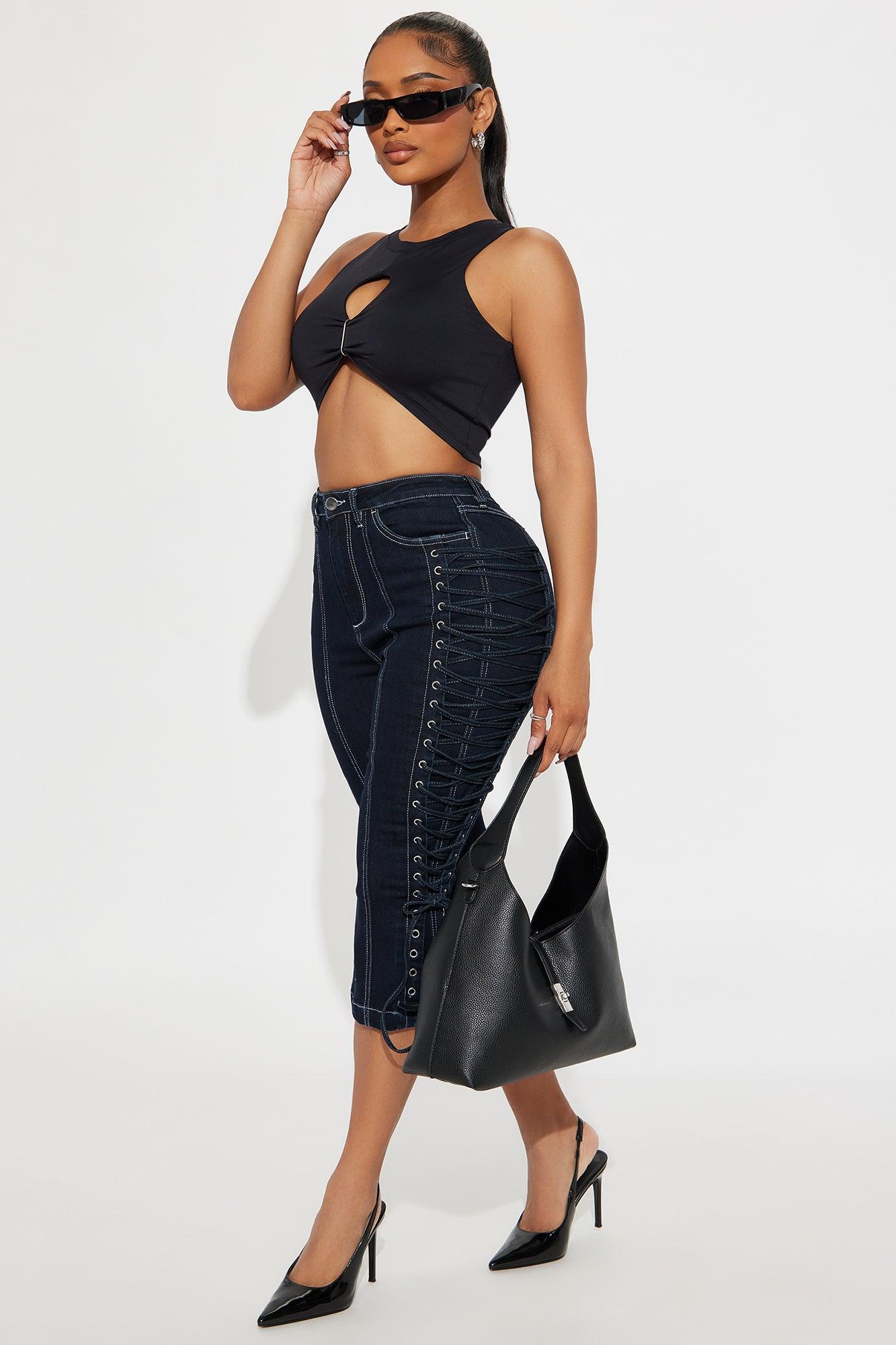 Laced Up Capri Kick Flare Jeans - Dark Wash Female Product Image