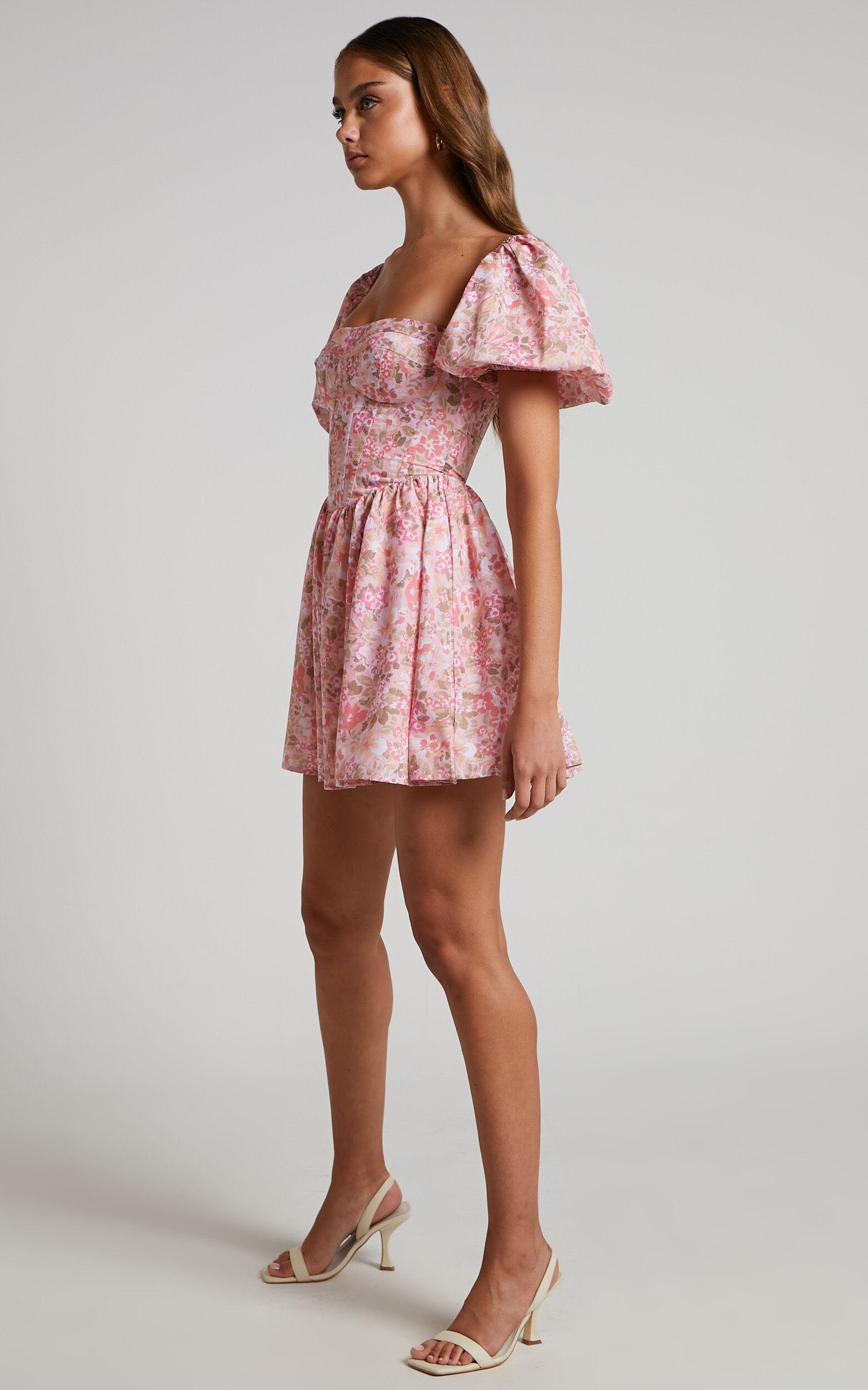 Phorchia Mini Dress - Fit and Flare Puff Sleeve Corset Dress in Fleur Print Product Image