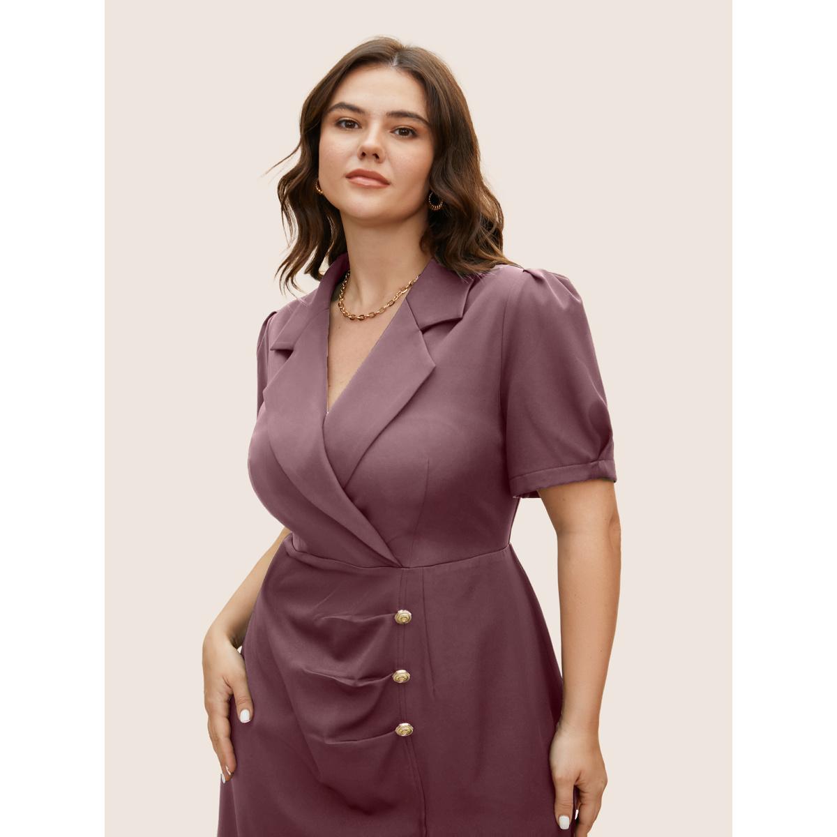 Plus Size Suit Collar Metal Detail Lantern Sleeve Dress Mauve Women Workwear Essentials Button Suit Collar Sleeveless Curvy BloomChic 14-16/1X Product Image