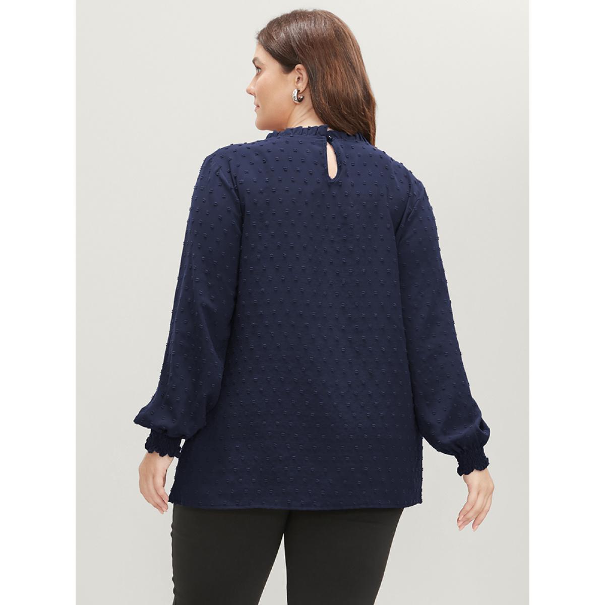 Plus Size Navy Polka Dot Frill Trim Shirred Keyhole Blouse Women Elegant Long Sleeve Round Neck Dailywear Blouses BloomChic 28/5X Product Image