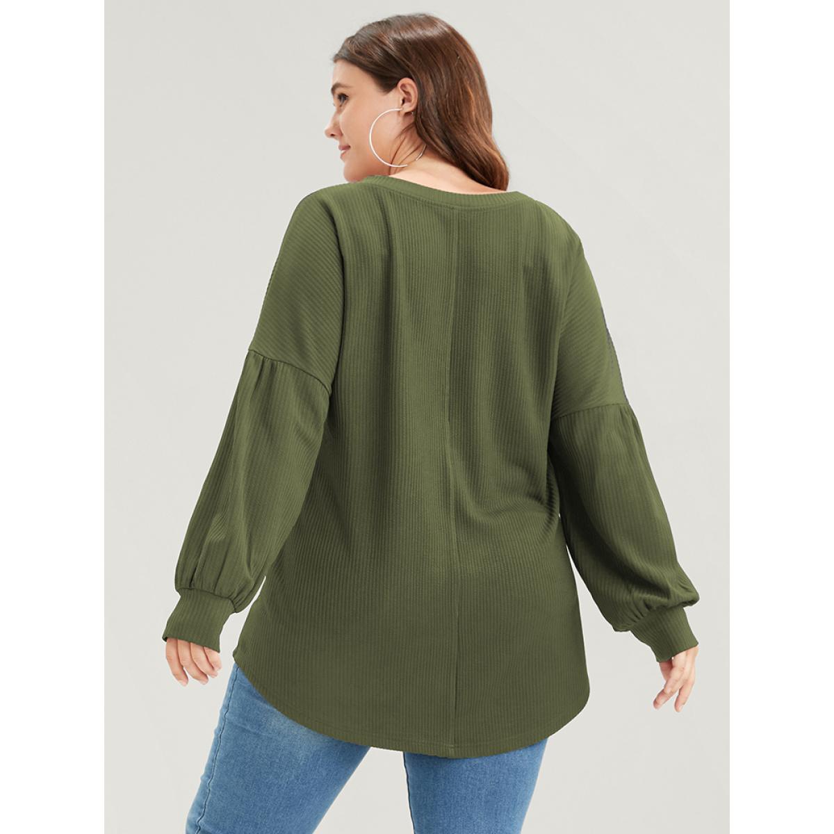 Plus Size Solid Drop Shoulder Pocket Arc Hem Rib Knit Sweatshirt Women ArmyGreen Elegant Plain V-neck Dailywear Sweatshirts BloomChic 18-20/2X Product Image