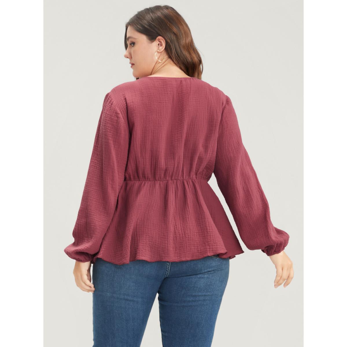 Plus Size Russet Solid Lantern Sleeve Asymmetrical Hem Wrap Blouse Women Elegant Long Sleeve V-neck Dailywear Blouses BloomChic 28/5X Product Image