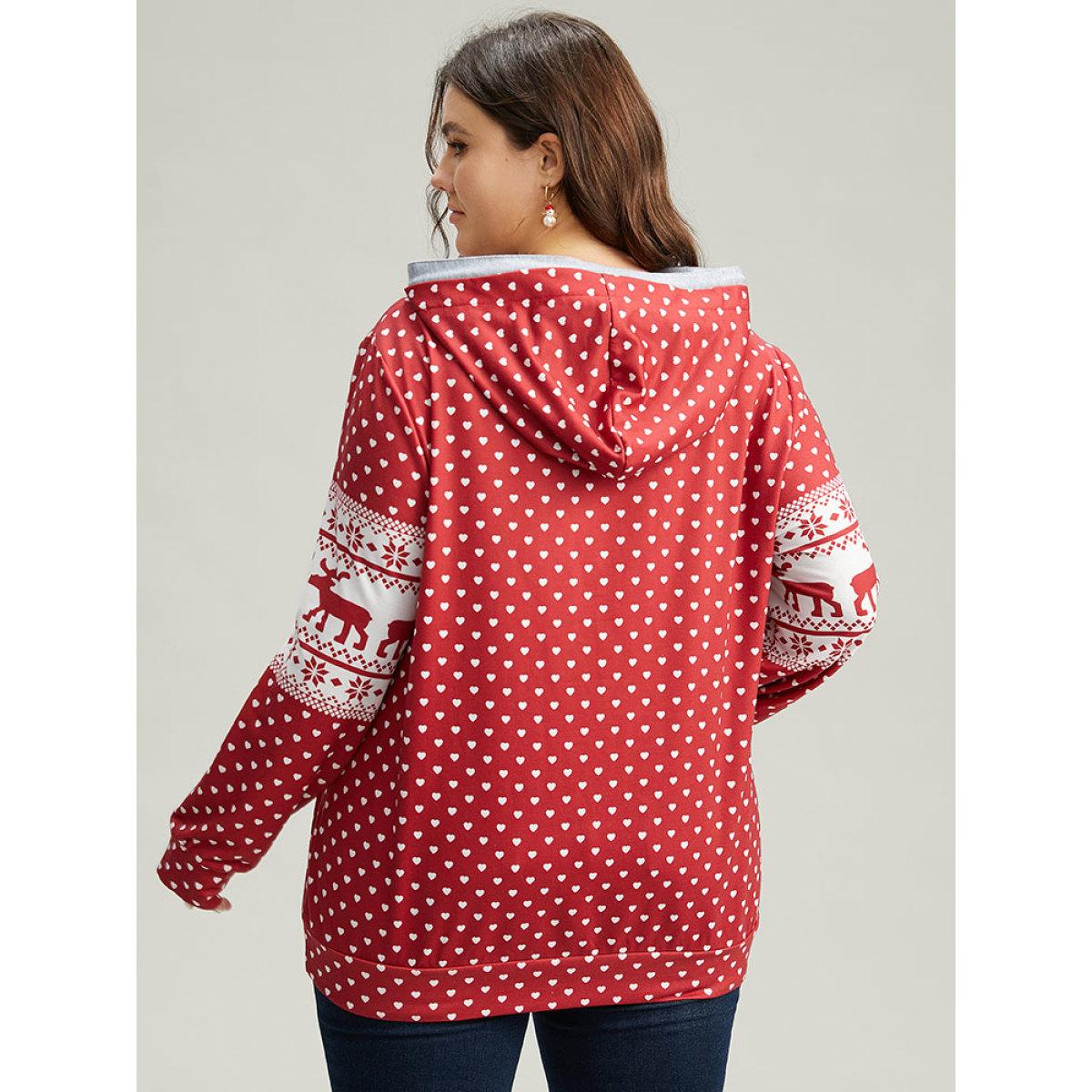 Plus Size Christmas Elk Contrast Kangaroo Pocket Hooded Sweatshirt Women Red Casual Printed Hooded Festival-Halloween Sweatshirts BloomChic 10/M Product Image