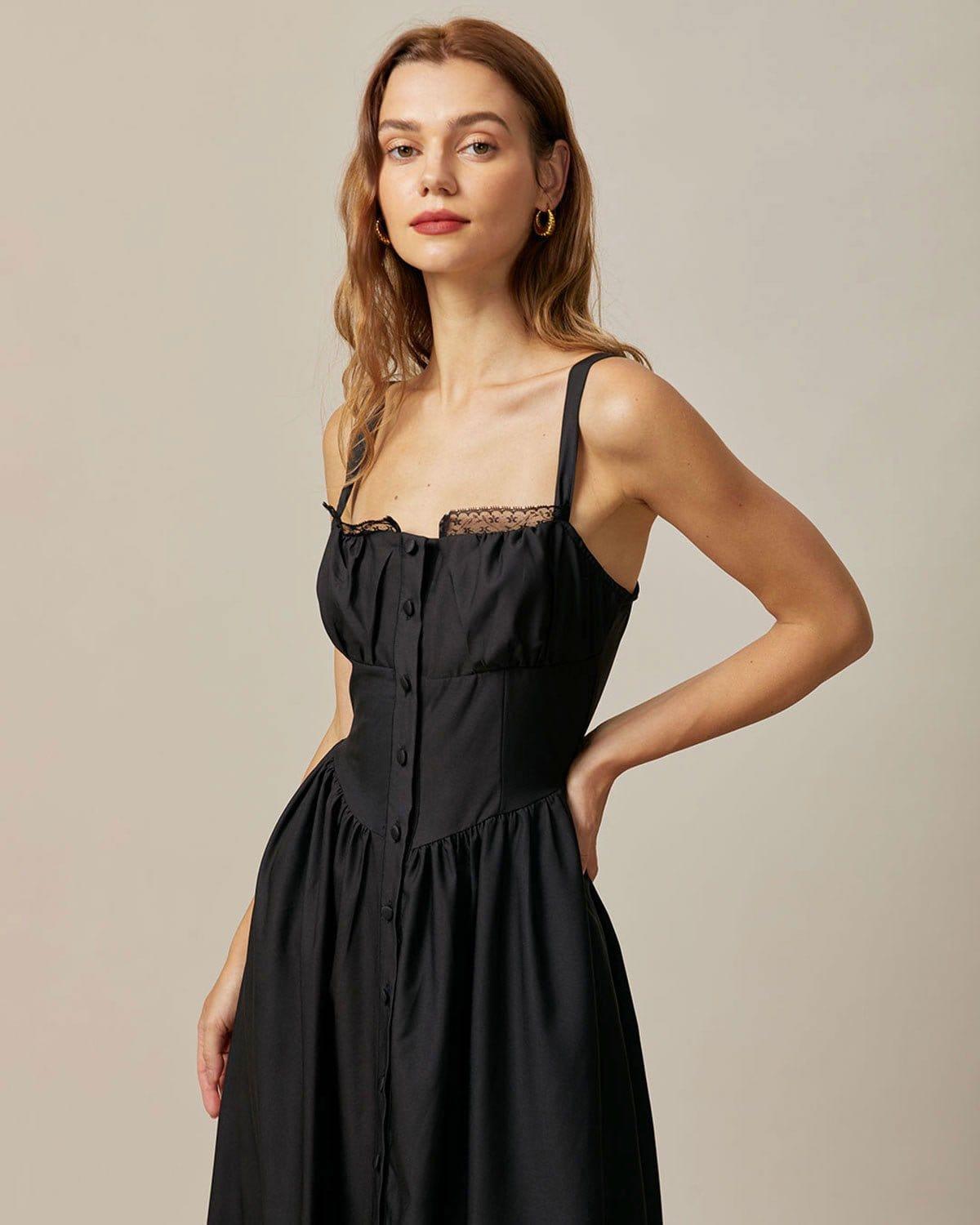 The Black Square Neck Lace Cami Midi Dress Product Image