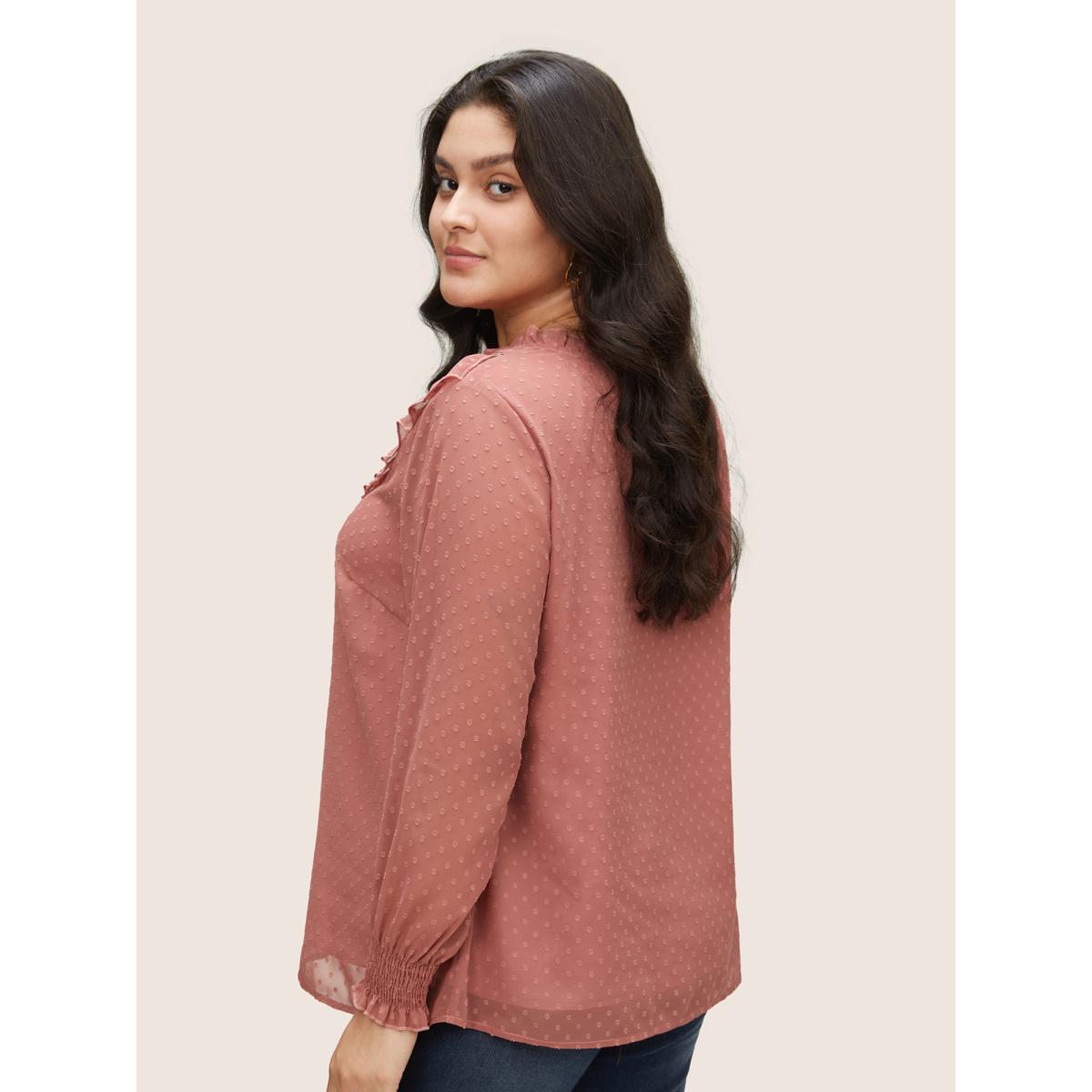 Plus Size DustyPink Texture Shirred Lace Patchwork Frill Trim Blouse Women Elegant Long Sleeve V-neck Everyday Blouses BloomChic 28/5X Product Image