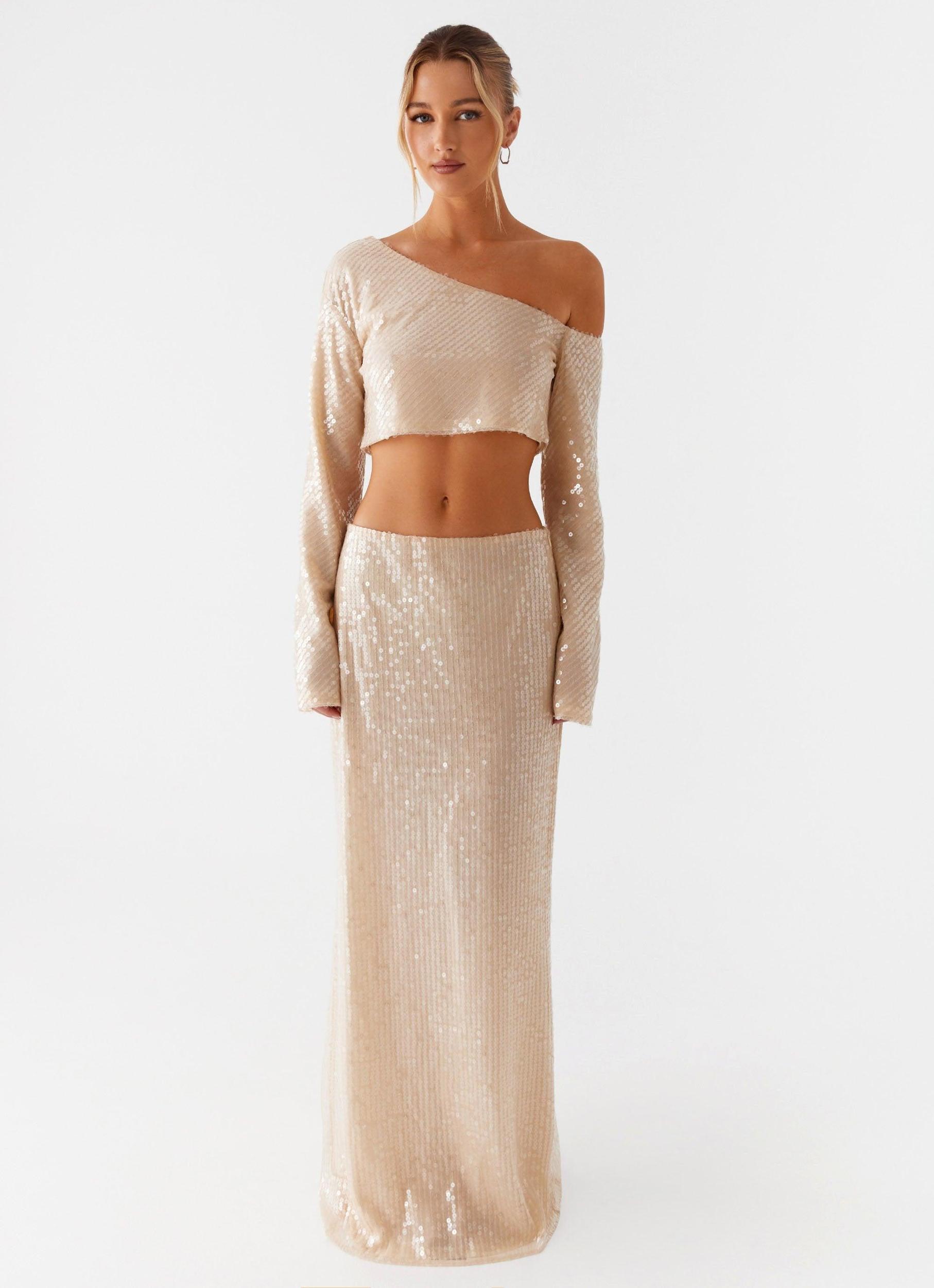 Wisteria Low Rise Sequin Maxi Skirt - Champagne Product Image