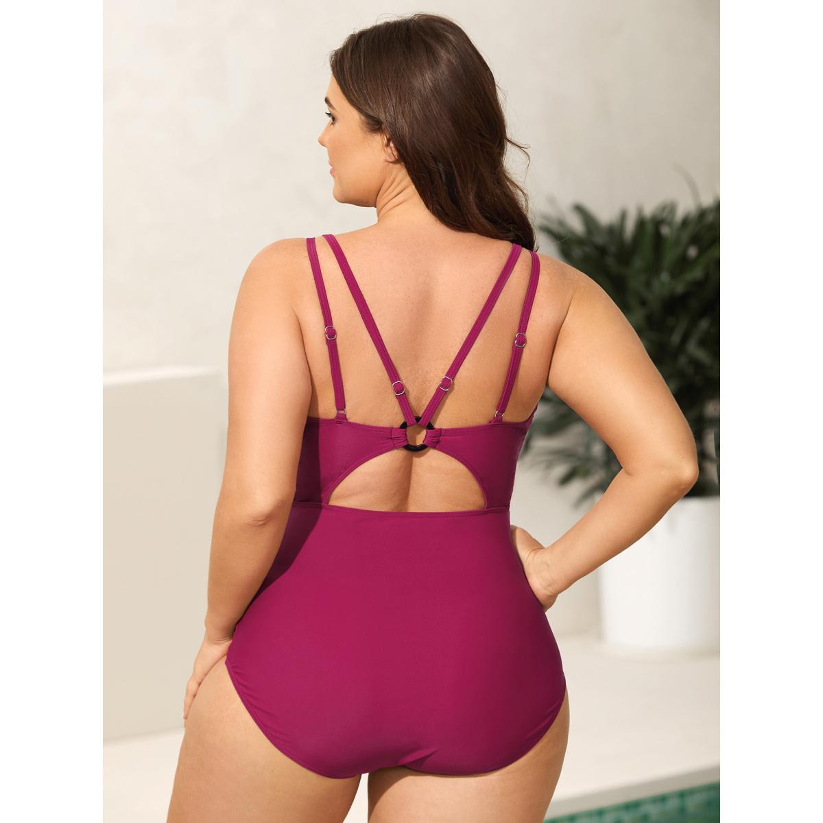 Plus Size Backless Ruched Adjustable One-Piece Swimsuit Women's Swimwear Rosered Resort Gathered Curve Bathing Suits High stretch One Pieces BloomChic 18-20/2X Product Image