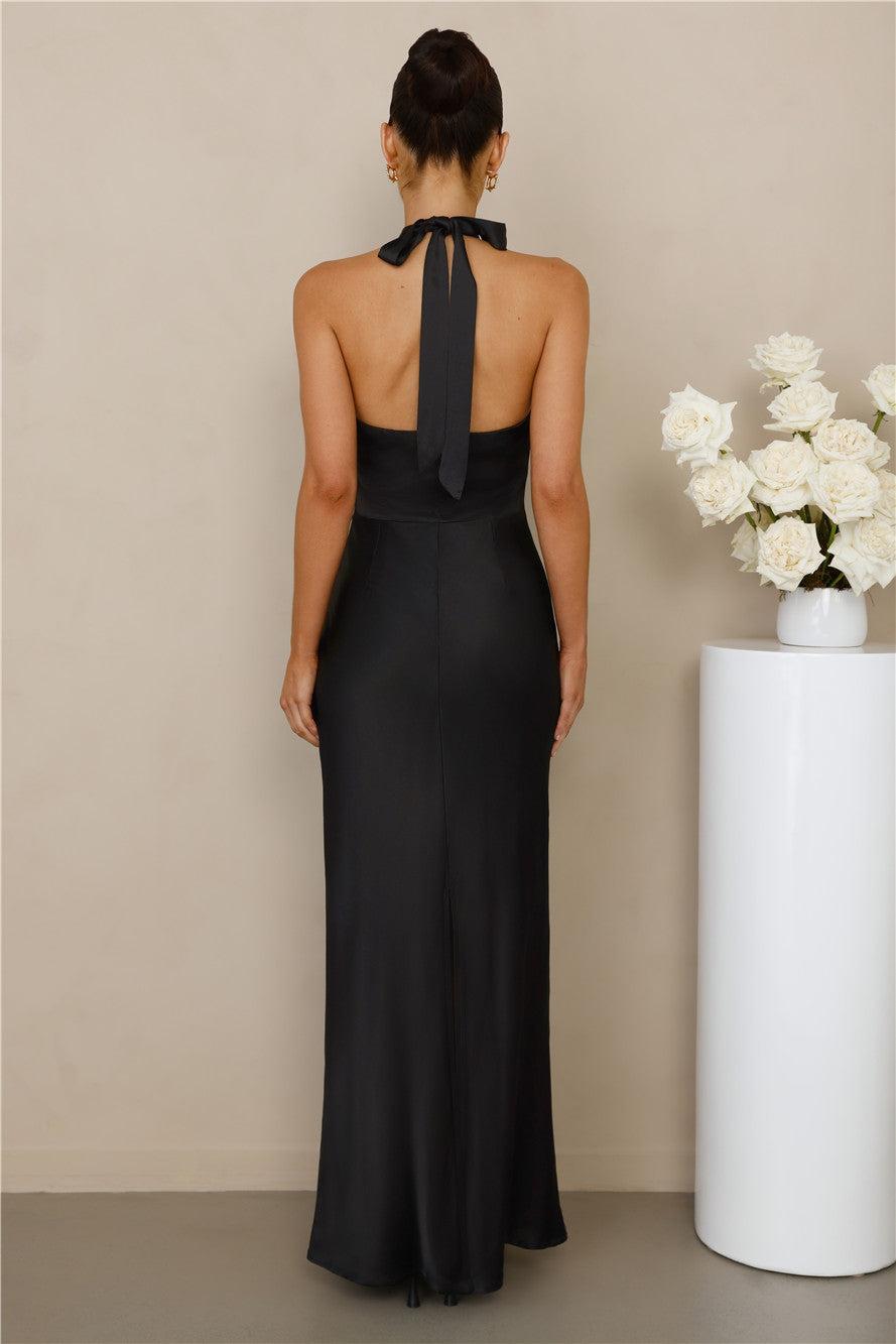 The Cleo Halter Satin Maxi Dress Black Product Image