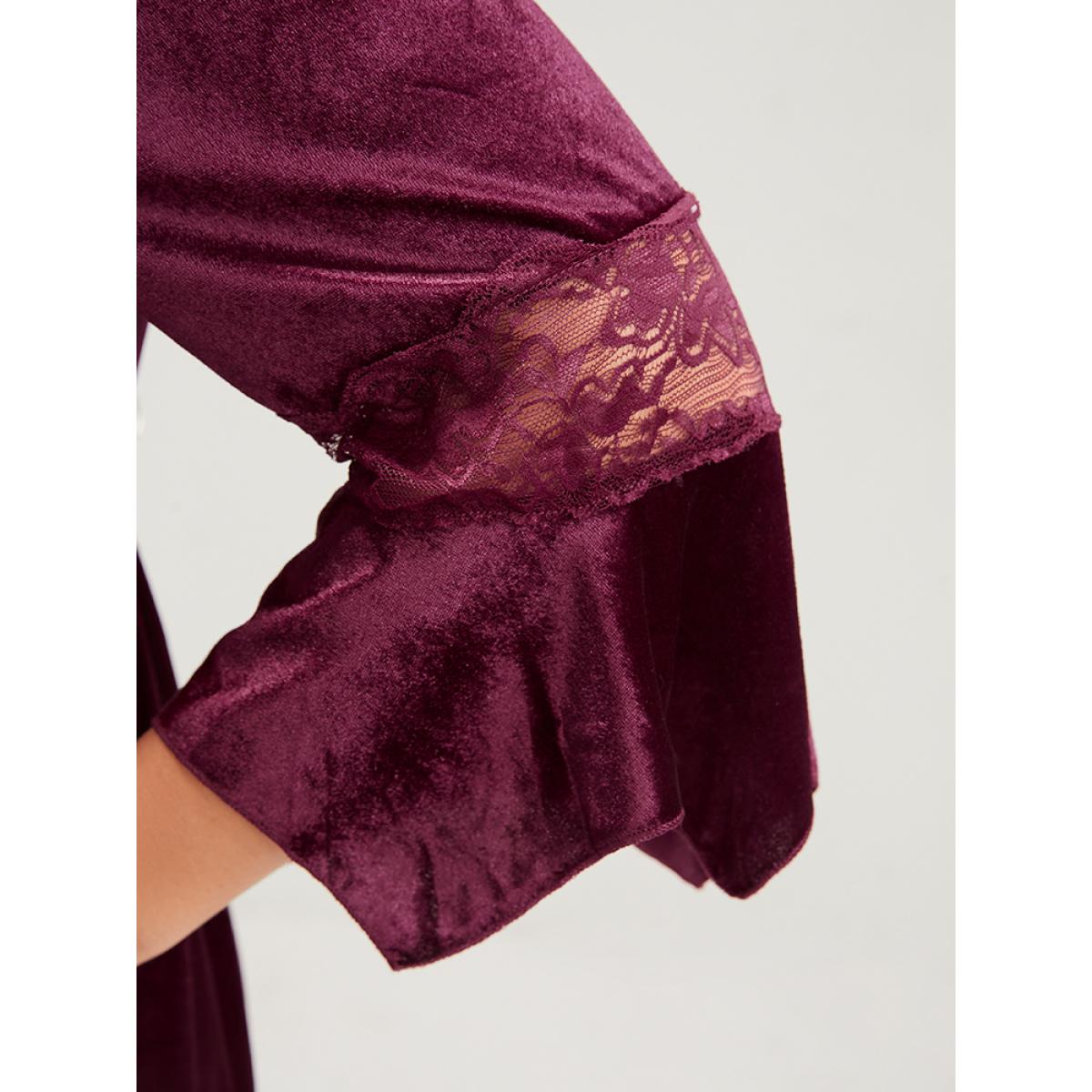 Plus Size Halloween Solid Velvet Bell Sleeve Pocket Contrast Lace Ties Midi Dress Burgundy Women Party Ribbon Square Neck Elbow-length sleeve Curvy Midi Dress BloomChic 22-24/3X Product Image