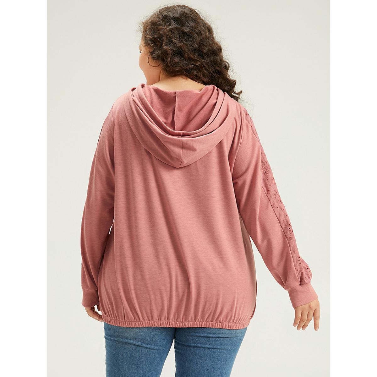 Plus Size Solid Hooded Drawstring Broderie Anglaise Sweatshirt Women Rouge Casual Elastic cuffs Hooded Dailywear Sweatshirts BloomChic 28/5X Product Image