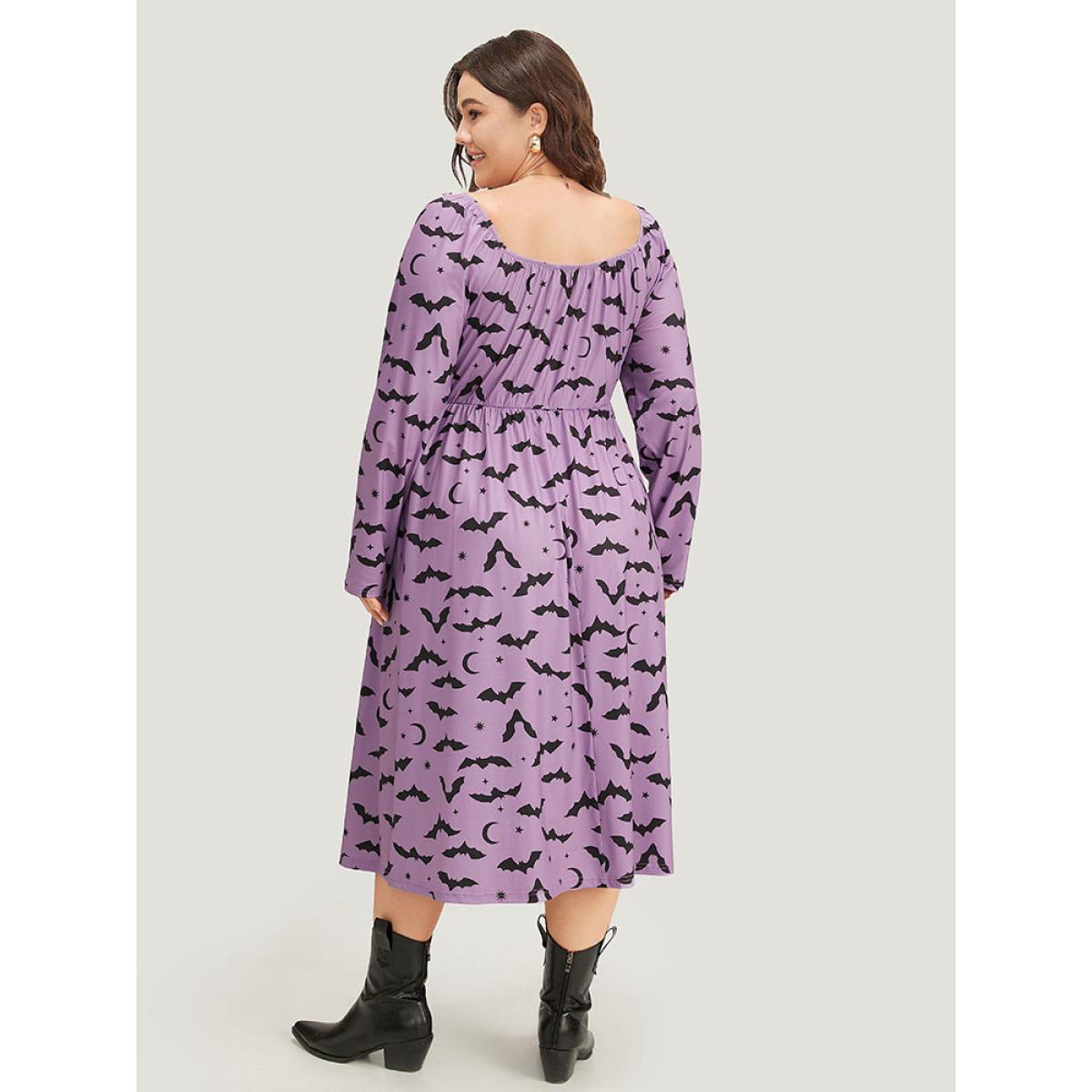 Plus Size Halloween Bat Print Pocket Square Neck Dress Mauve Women Casual Gathered Square Neck Long Sleeve Curvy Midi Dress BloomChic 26/4X Product Image
