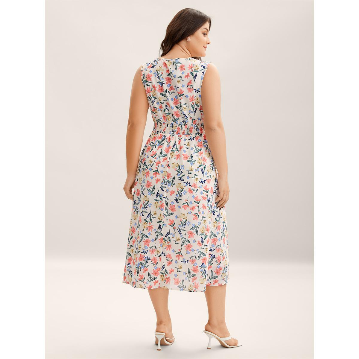 Plus Size Shirred Waist Floral Print Pockets Midi Dress Ivory Women Timeless V-neck Sleeveless Curvy BloomChic 14-16/1X Product Image