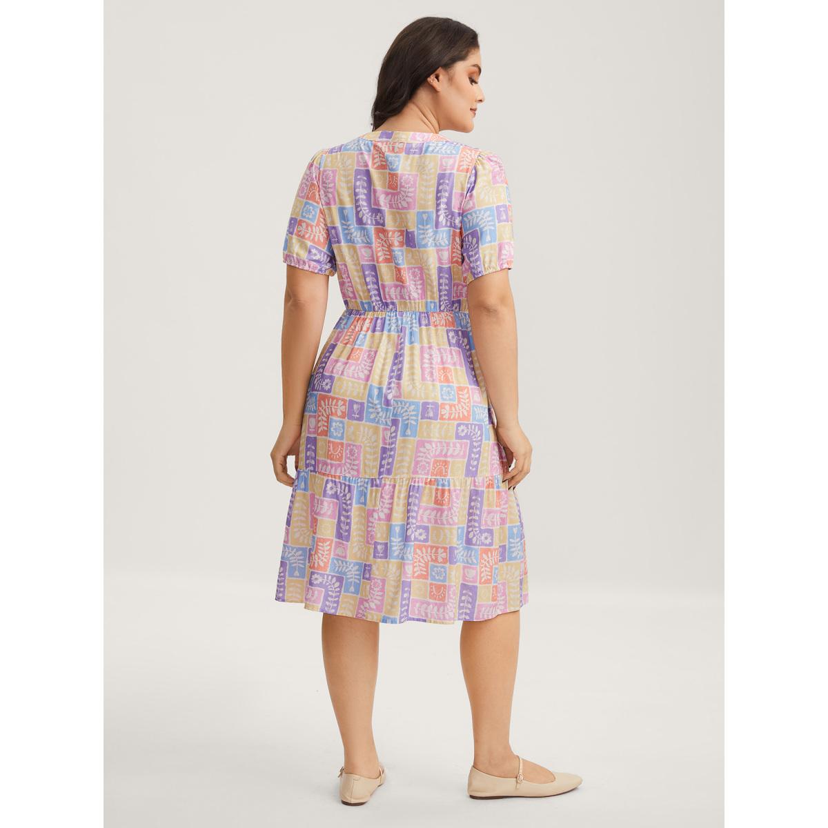 Plus Size Rayon Floral Collage Stretchy Waist Midi Dress Multicolor Women Flat collar with V-notch Short sleeve Curvy BloomChic 10/M Product Image