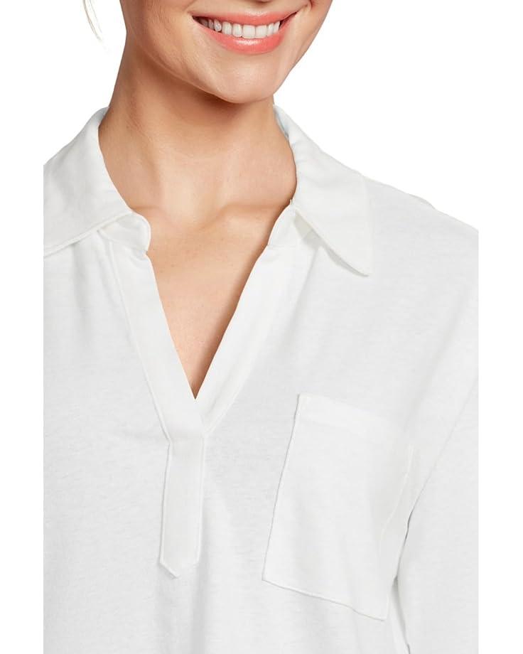 Premium Washable Linen Shirt Split-Neck Stripe Product Image