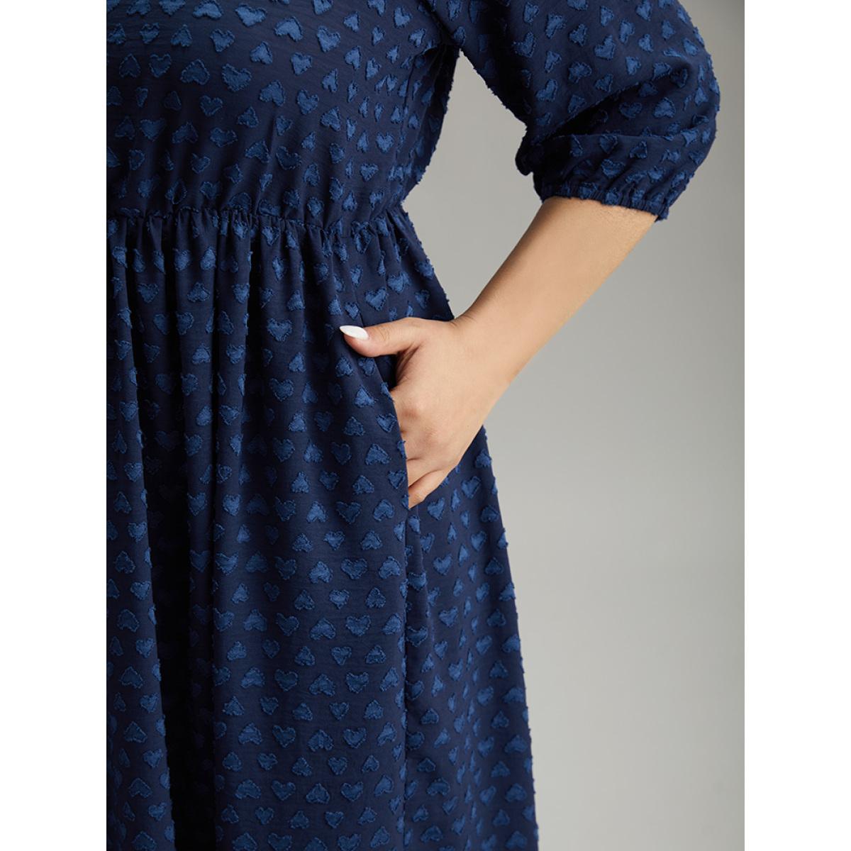 Plus Size Plain Heart Textured Half Zip Notched Dress Indigo Women Office Elastic cuffs Notched collar Elbow-length sleeve Curvy Midi Dress BloomChic 10/M Product Image