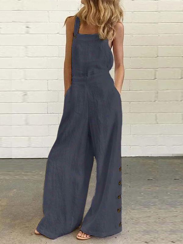 High Waisted Loose Buttoned Pockets Solid Color Spaghetti-Neck Overalls Product Image