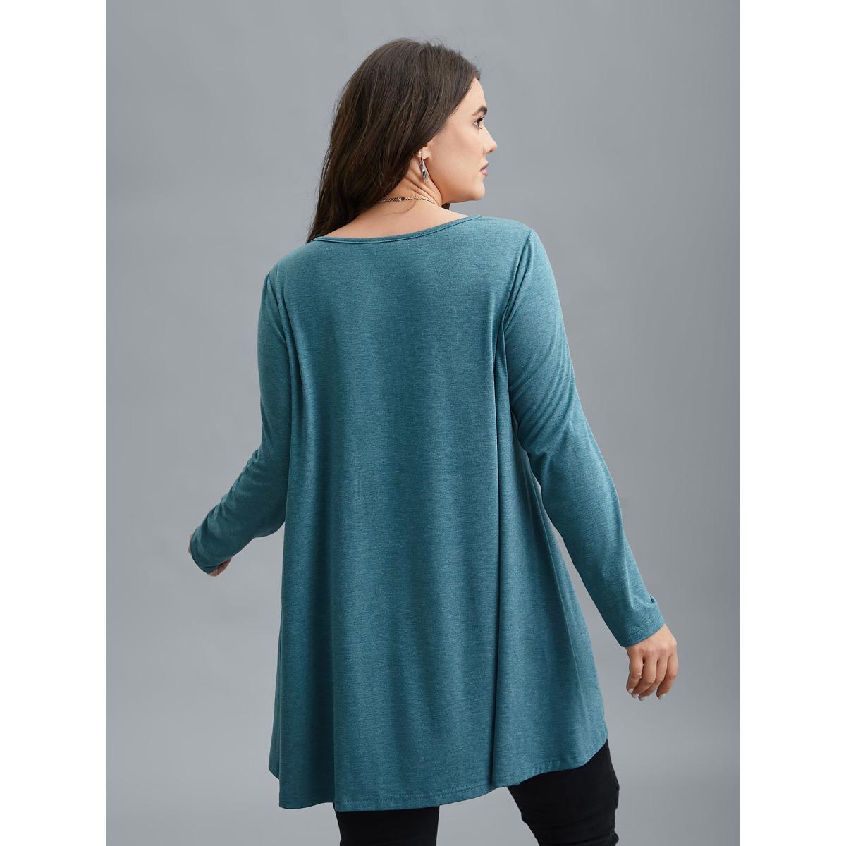 Plus Size Shoulder Button Hi-Low Hem Flared T-Shirt Teal Women Casual Button Round Neck Loose Everyday T-shirts BloomChic 30/6X Product Image