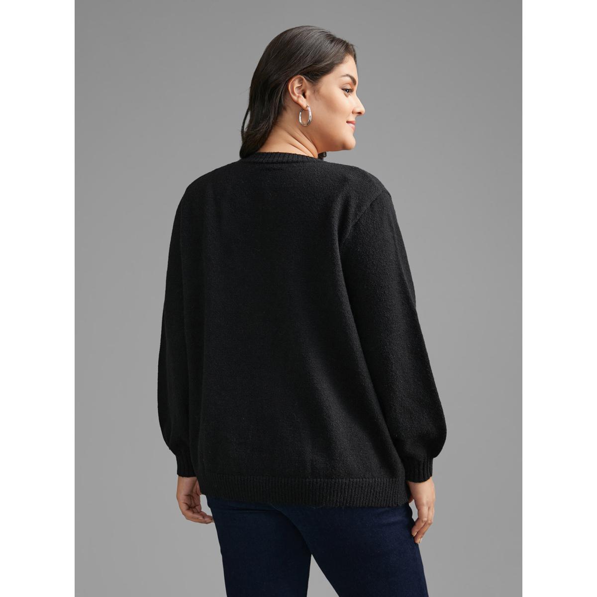 Plus Size Stereo Flower Design Button Through Cardigan Black Women Casual Loose Long Sleeve Everyday Cardigans BloomChic 10/M Product Image