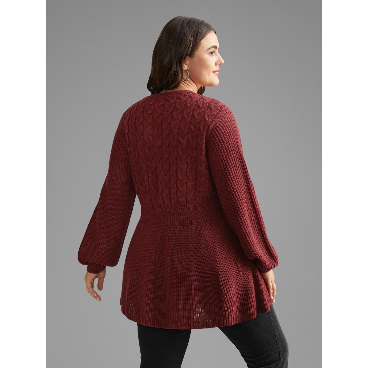 Plus Size V Neck Texture Cable Knit Pullover Burgundy Women Timeless Bodycon Long Sleeve V-neck Elegant Pullovers BloomChic 18-20/2X Product Image