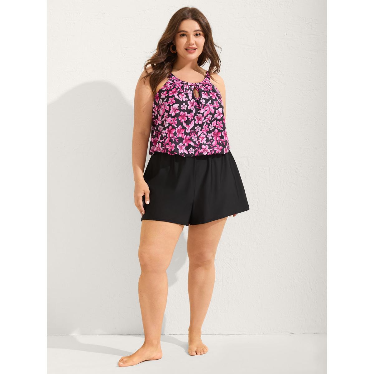 Plus Size Floral Print Keyhole Pockets Swim Romper Women's Swimwear Rosered Resort Curve Bathing Suits High stretch One Pieces BloomChic 22-24/3X Product Image