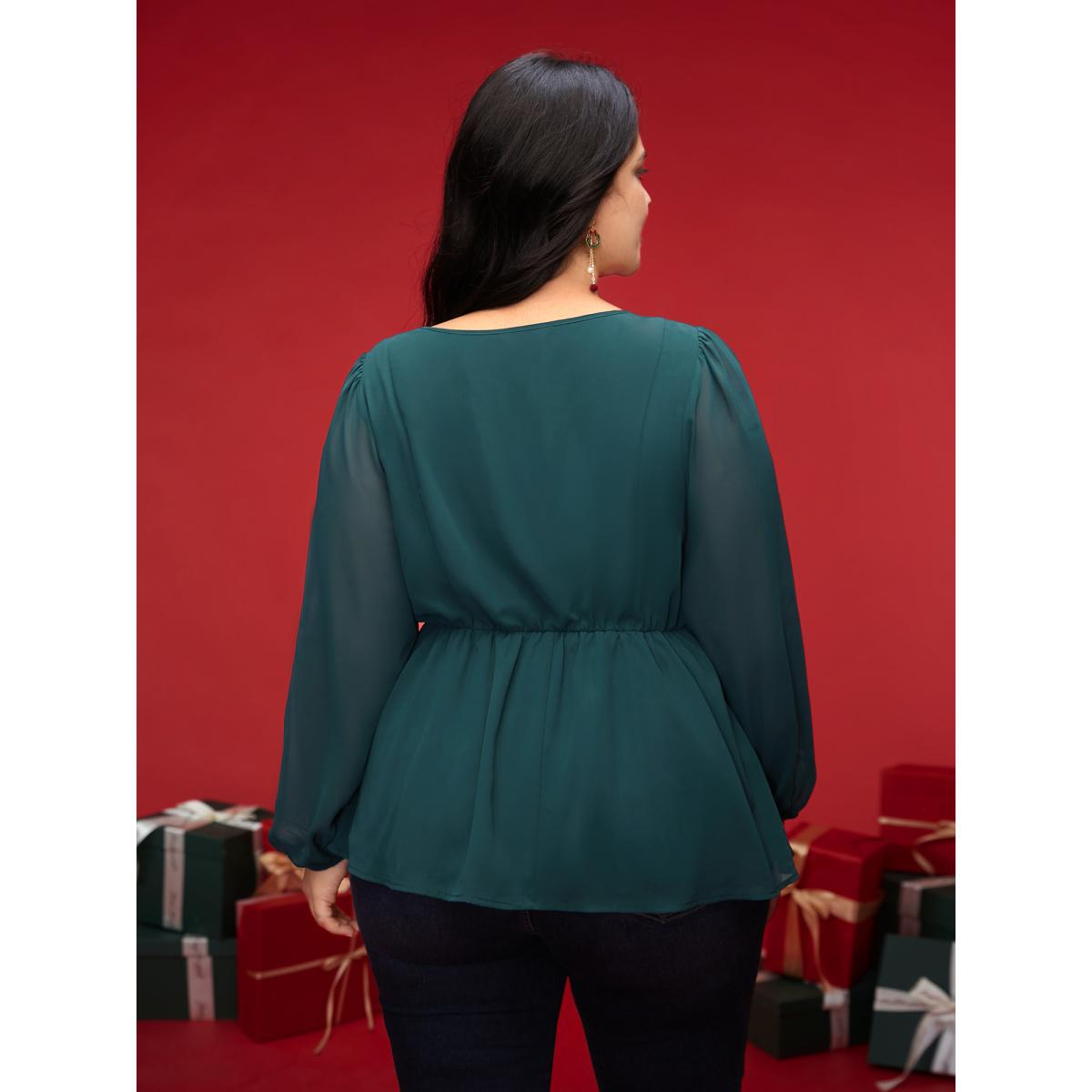 Plus Size DarkSlateGray Puff Sleeves Front Placket Chiffon Blouse Women Elegant Long Sleeve Heart neckline Everyday Blouses BloomChic 18-20/2X Product Image