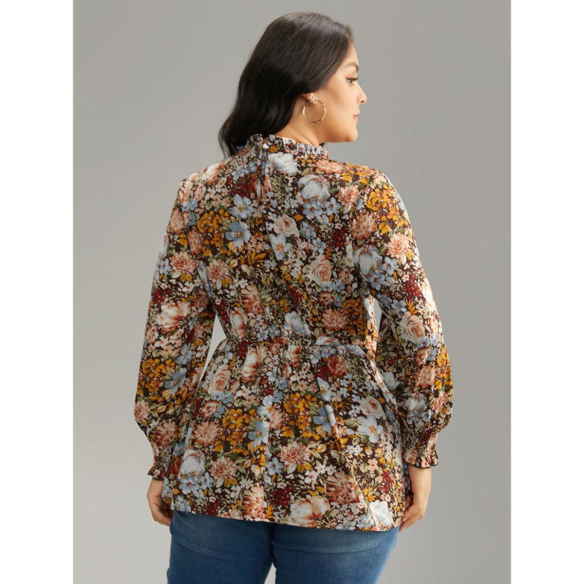 Plus Size DarkBrown Floral Shirred Frill Trim Stand Collar Blouse Women Elegant Long Sleeve Stand-up collar Dailywear Blouses BloomChic 30/6X Product Image