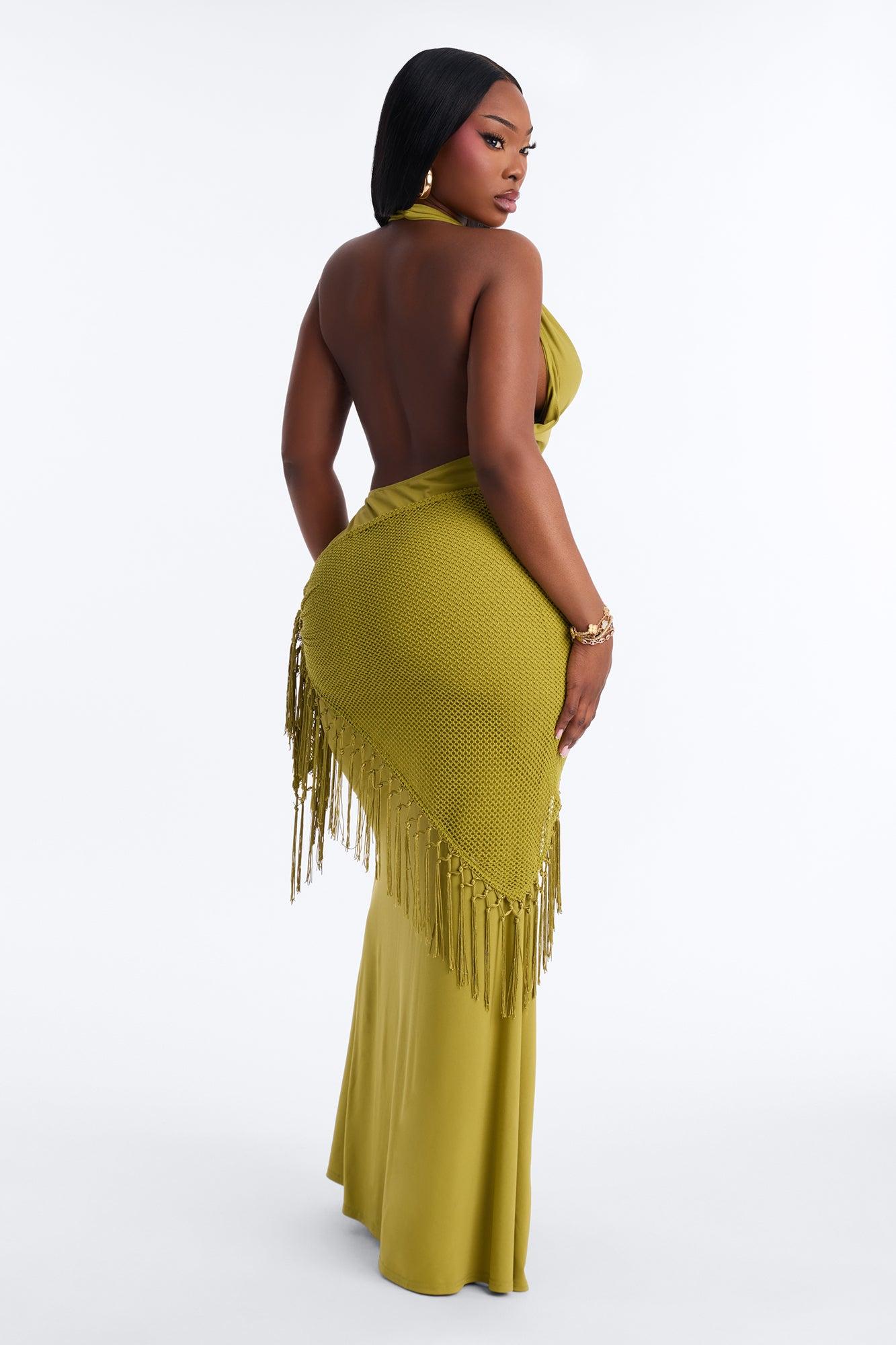 Santorini 2 Piece Fringe Scarf Maxi Dress - Chartreuse Female Product Image