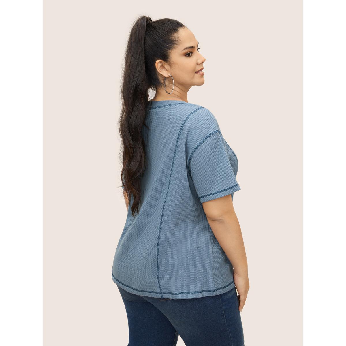 Plus Size Waffle Knit Round Neck Button Up T-shirt Stone Women Casual Button Round Neck Everyday T-shirts BloomChic 28/5X Product Image