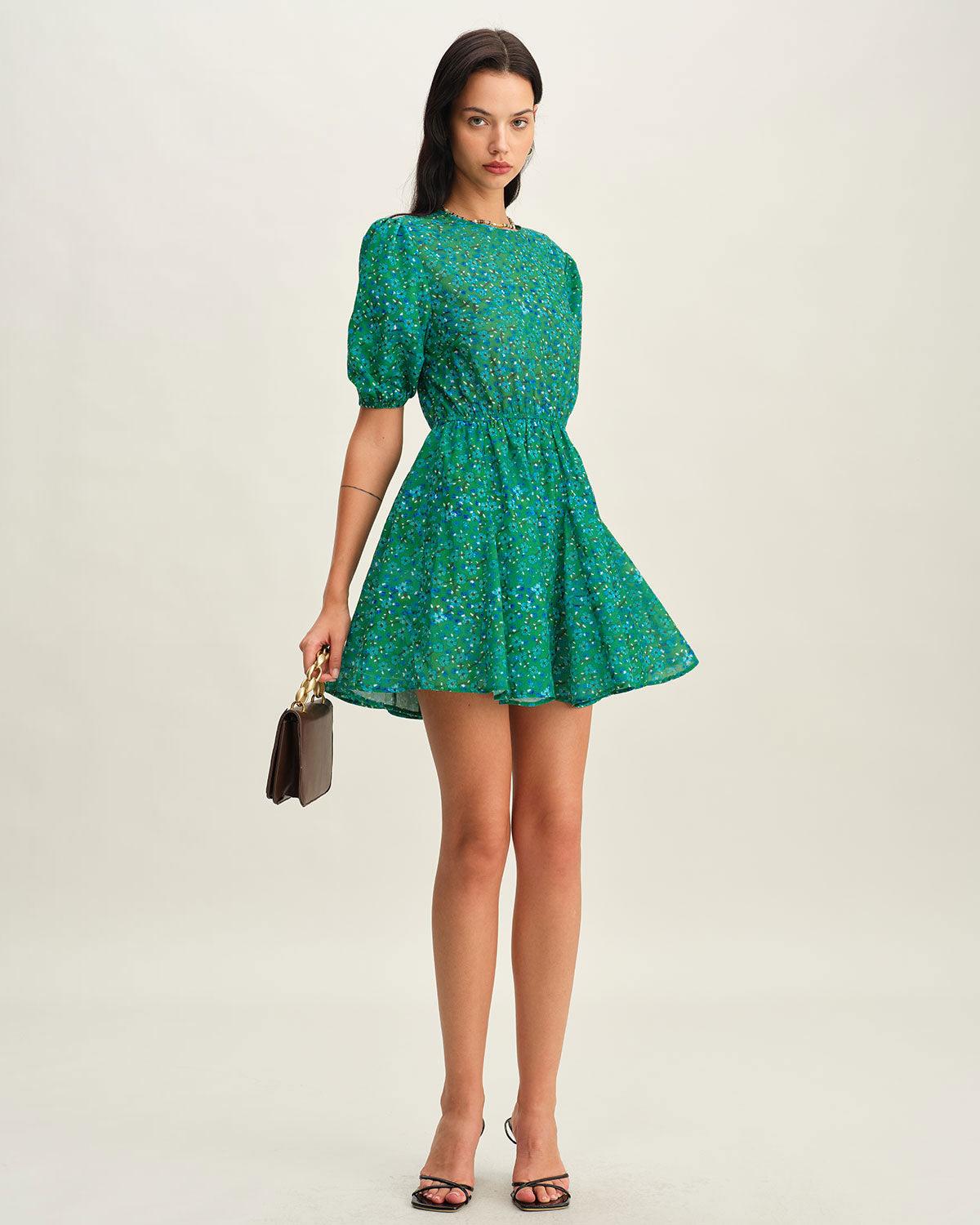 Green Ruched Elastic Waist Mini Dress Product Image