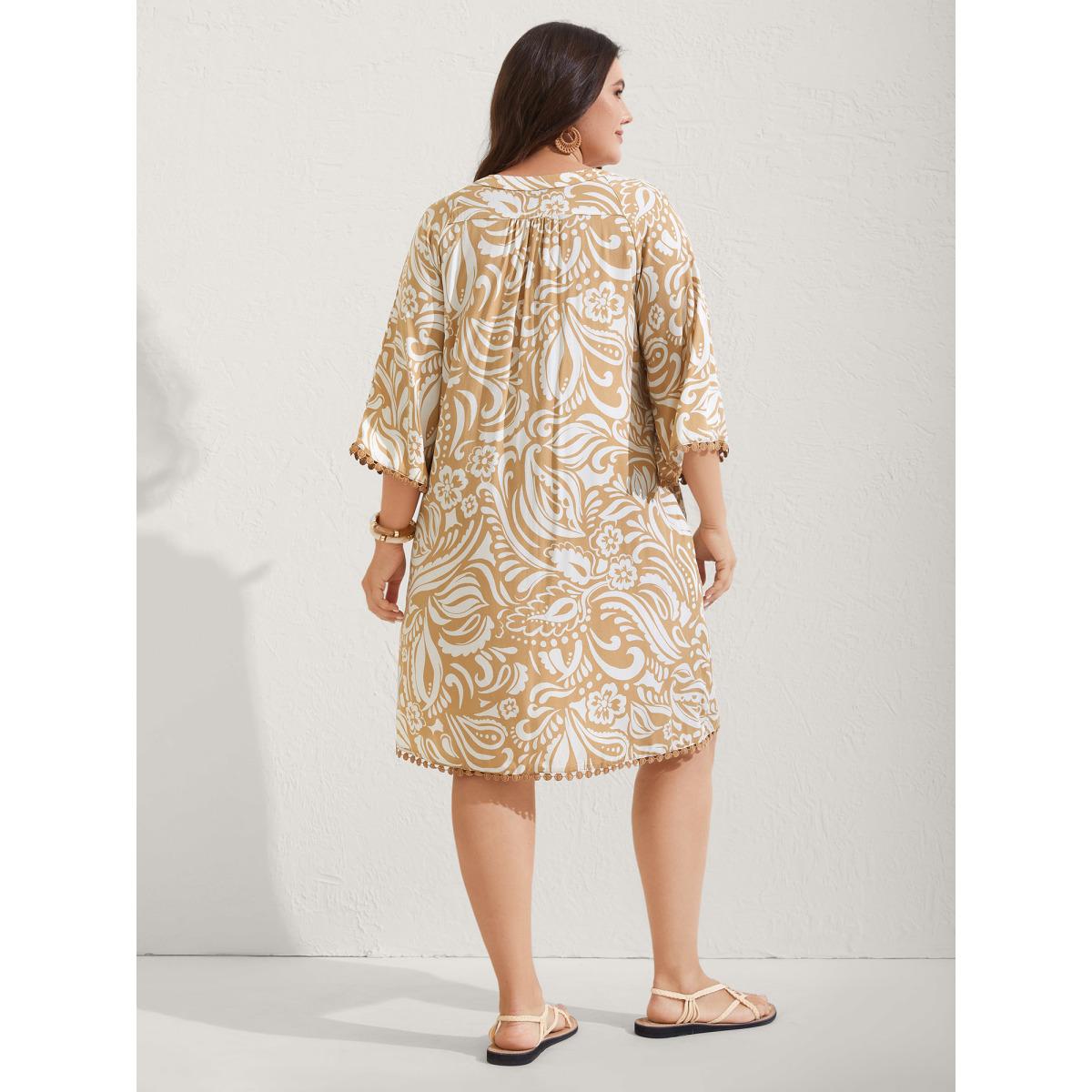 Plus Size Paisley Print Notched Collar Lace Midi Dress LightBrown Women Flat collar with V-notch Elbow-length sleeve Curvy BloomChic 22-24/3X Product Image