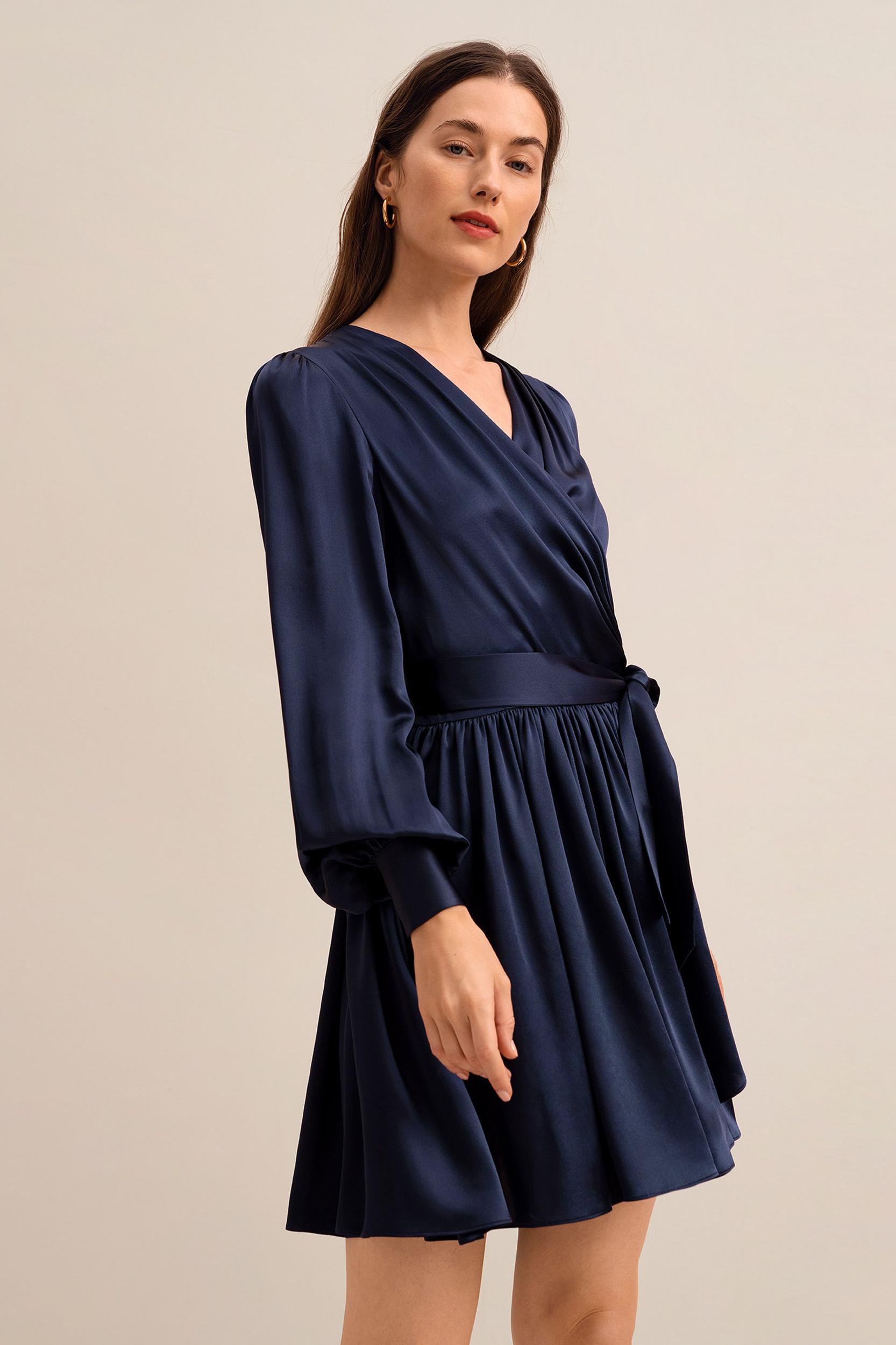 LILYSILK Long Sleeve Silk Dress for Women Navy Blue Pure Silk Glossy Puff Sleeves Skin-Friendly and Breathable S Product Image