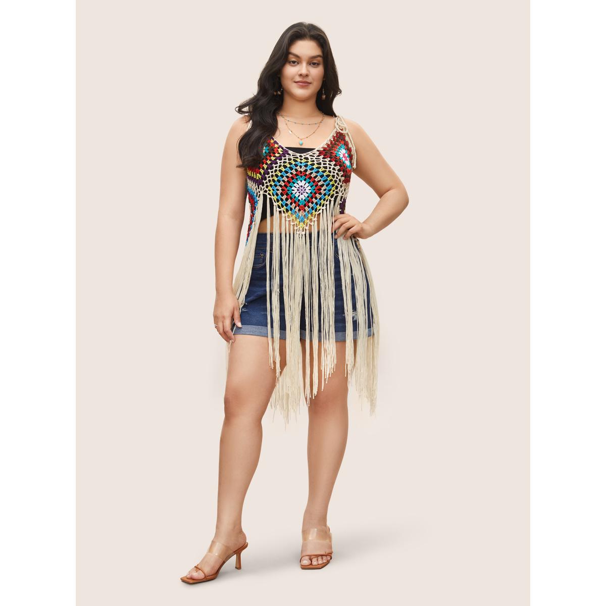 Plus Size Geometric Crochet Fringe Hem Swim Cover Up Women's Swimwear Apricot Beach Texture Curve Swim Cover Ups BloomChic 12/L Product Image