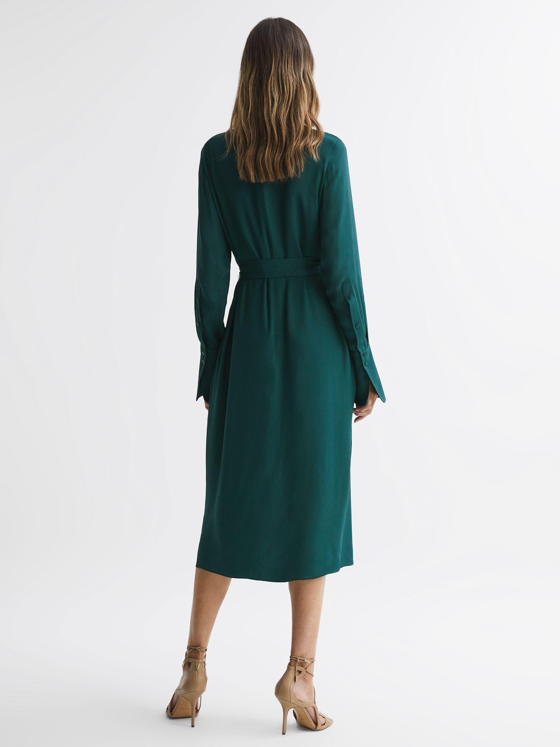 Pleated Long Sleeve Midi Dress in Green Product Image