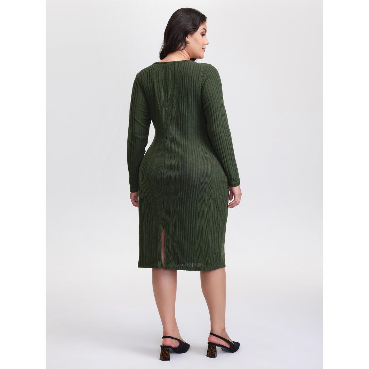 Plus Size Pit Strip Tie-Knot Slit Sheath Midi Dress ArmyGreen Women Timeless Overlapping Overlap Collar Extra Long Sleeve Curvy BloomChic 26/4X Product Image