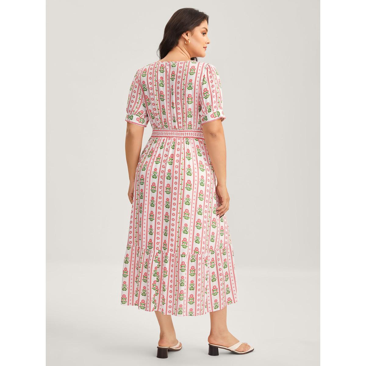 Plus Size Floral Stripe Shirred Waist Midi Dress Raspberry Women Non Short sleeve Curvy BloomChic 10/M Product Image