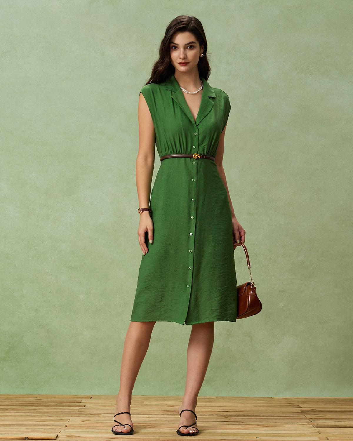 Green Cowl Sleeve Button Midi Dress Product Image