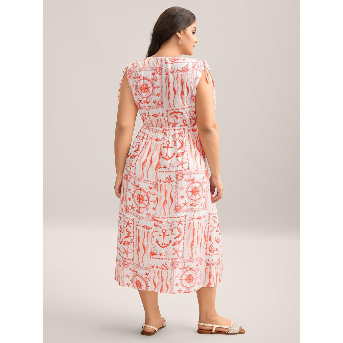 Plus Size Nautical Print Sleeveless Ties Pockets Maxi Dress Coral Women V-neck Sleeveless Curvy BloomChic 18-20/2X Product Image