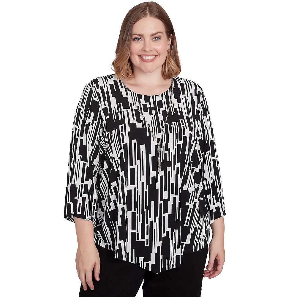 Plus Size Alfred Dunner Vertical Geometric Top with Necklace, Women's, Size: 2XL, Black And White Product Image