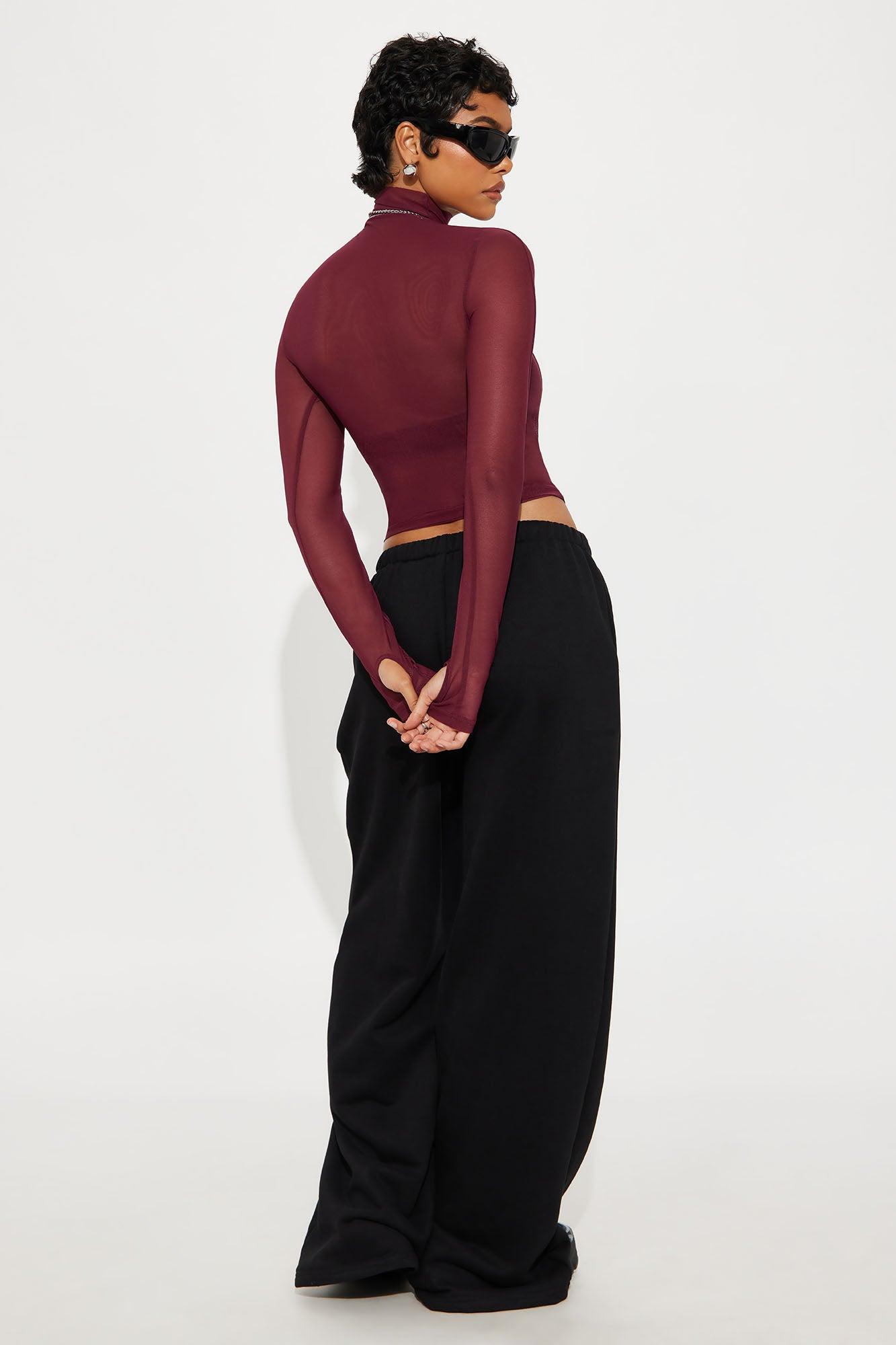 Power Mesh Mock Neck Long Sleeve Top - Wine Female Product Image