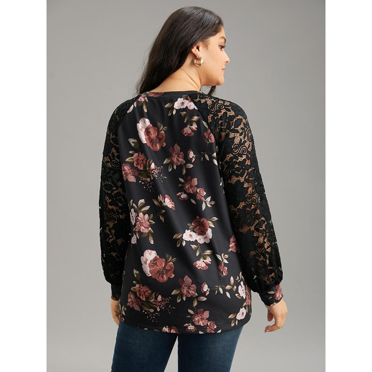 Plus Size Floral Lace Panel Raglan Sleeve Sweatshirt Women Black Elegant Printed Round Neck Dailywear Sweatshirts BloomChic 14-16/1X Product Image