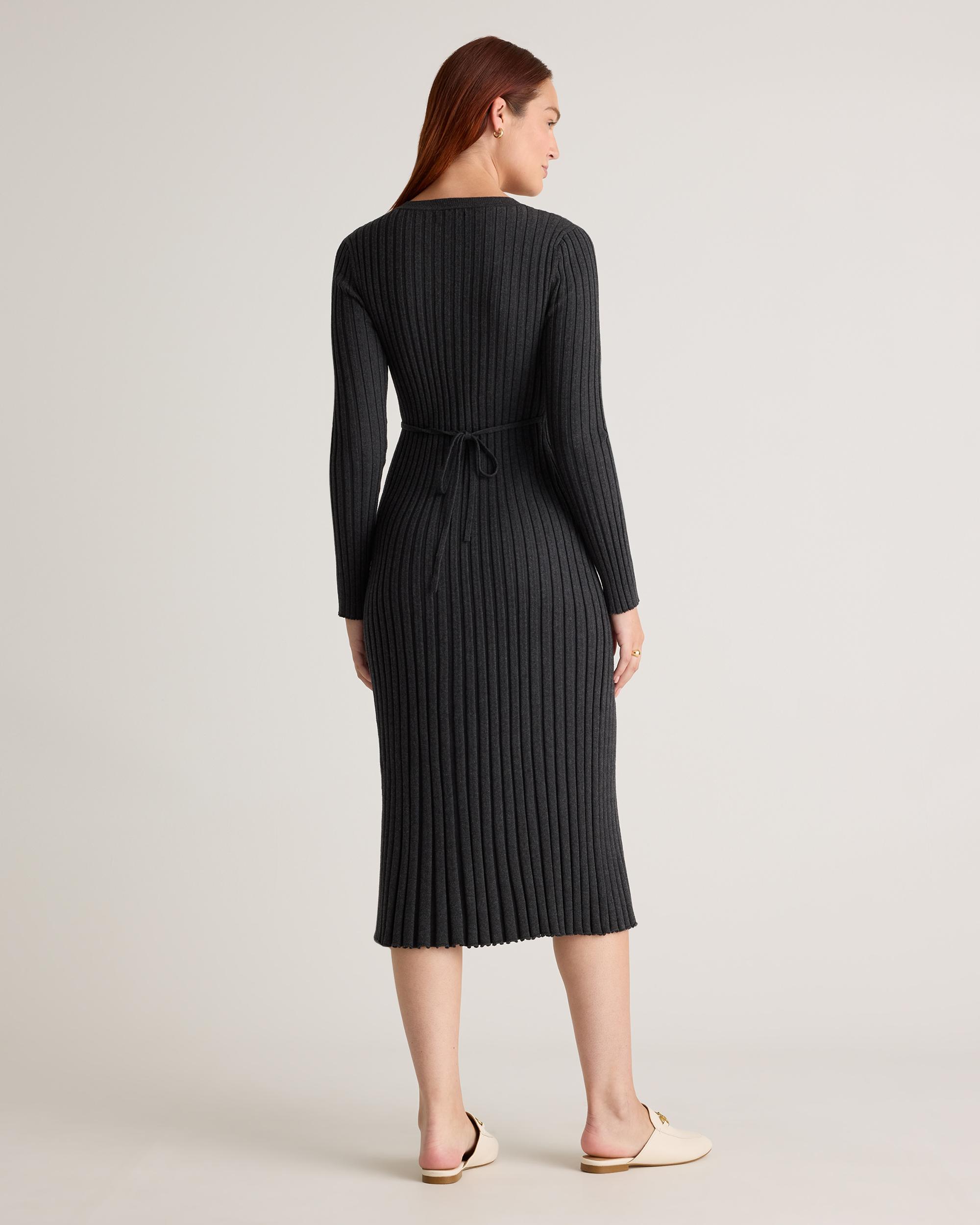 Quince | Women's Cotton Cashmere Ribbed Long Sleeve Crew Midi Dress Product Image