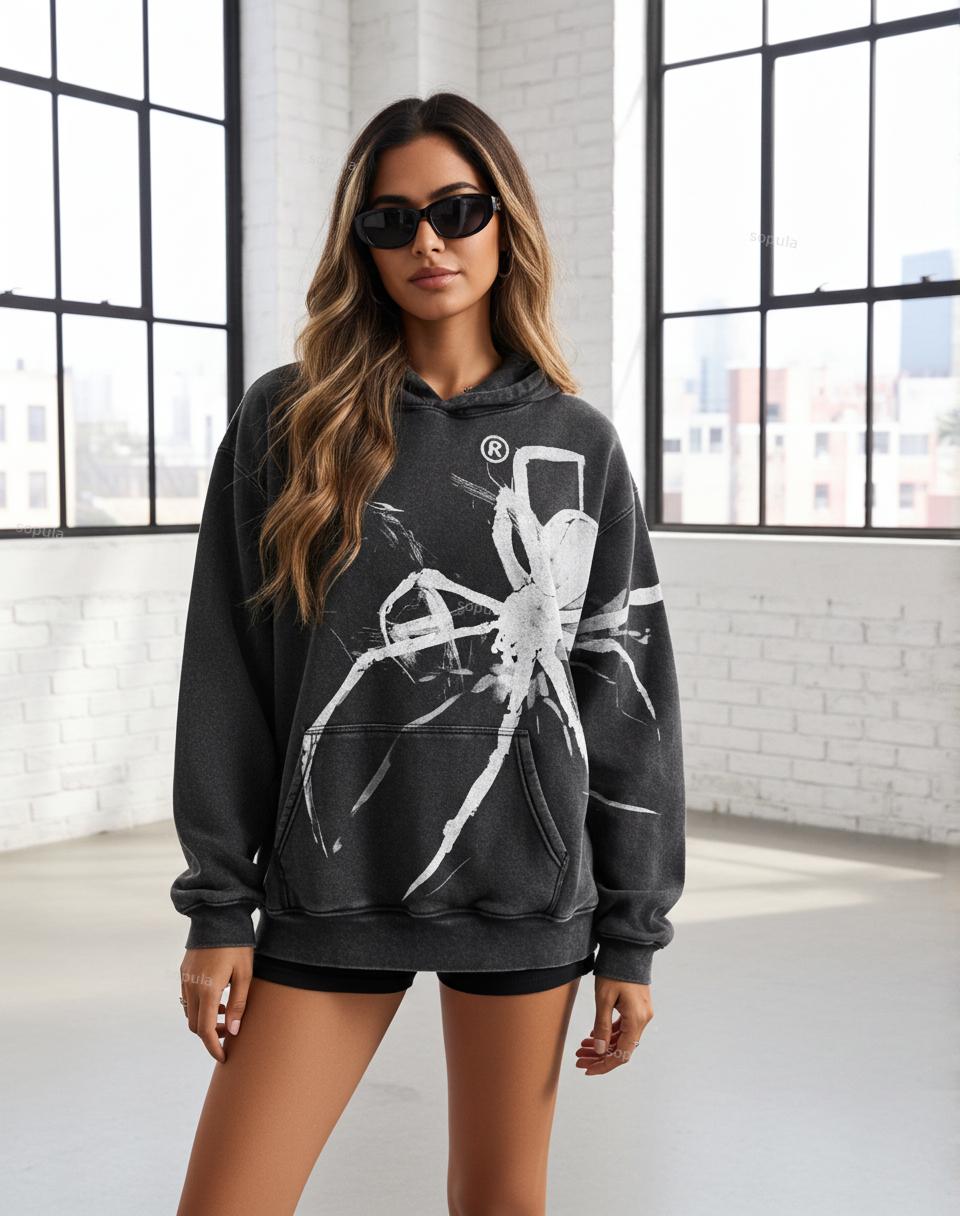 Vintage Richesse Print Graphic Acid Washed Oversized Hoodie Product Image