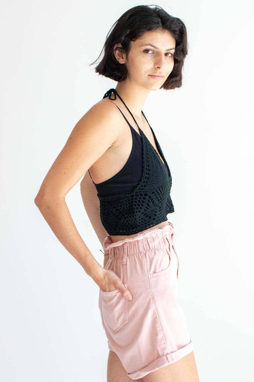 Black Crochet Tie Halter Top Product Image