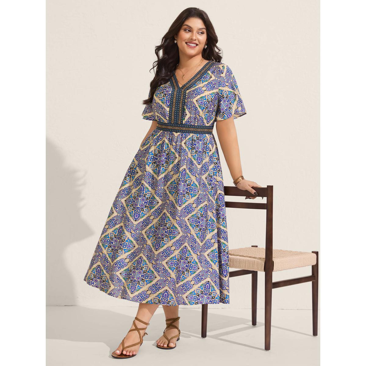 Plus Size Boho Print Stretchy Waist Pockets Midi Dress Skyblue Women V-neck Short sleeve Curvy BloomChic 10/M Product Image
