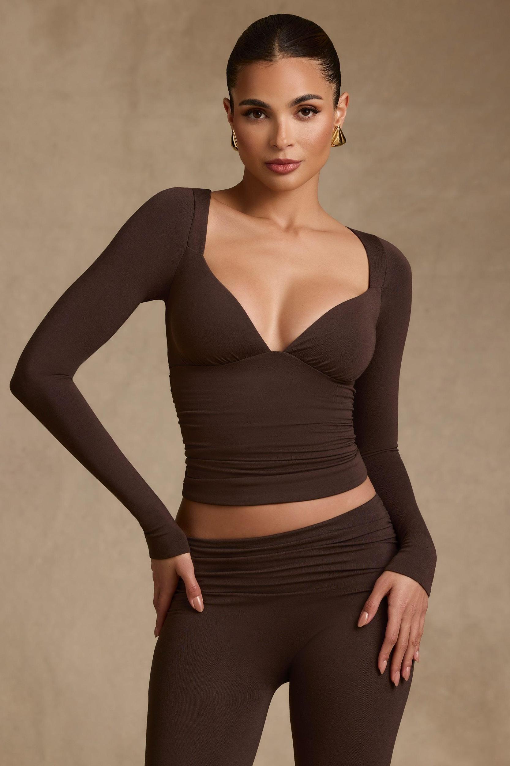 Modal Ruched Long-Sleeve Top in Chocolate Brown Product Image