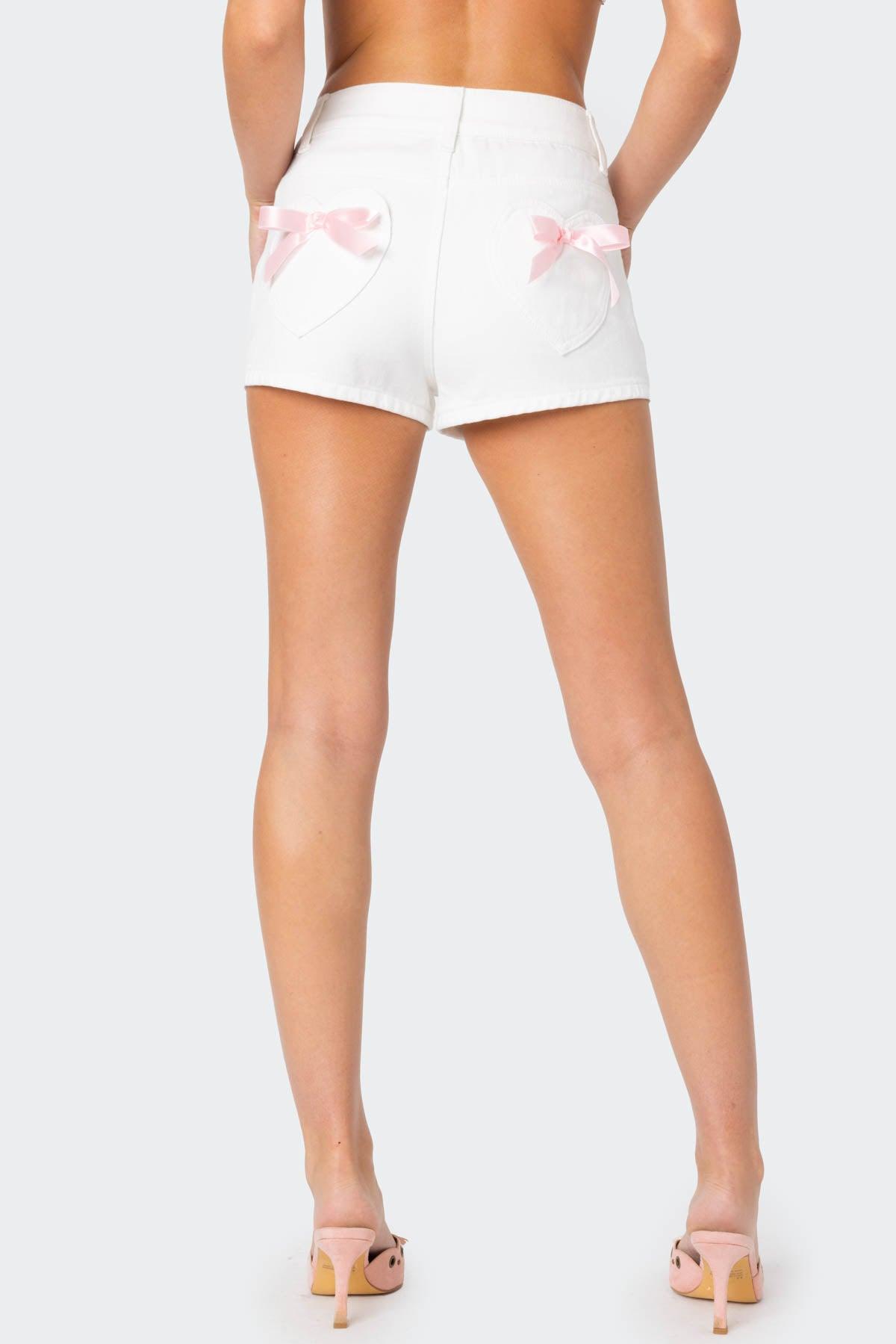 Bow Pocket Washed Denim Shorts Product Image