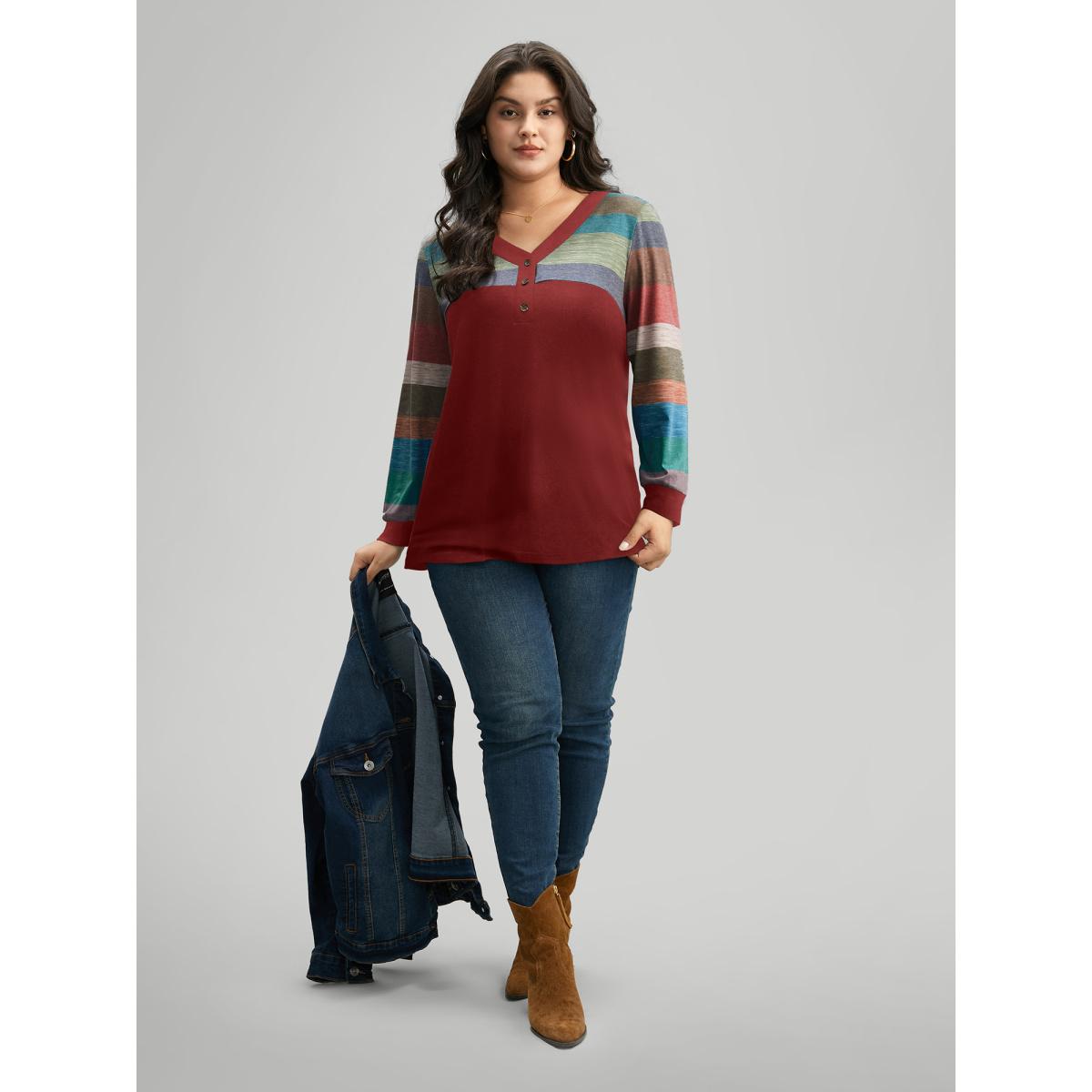 Plus Size Colorblock Contrast V Neck Button Up T-shirt Scarlet Women Casual Elastic cuffs Striped V-neck Everyday T-shirts BloomChic 10/M Product Image