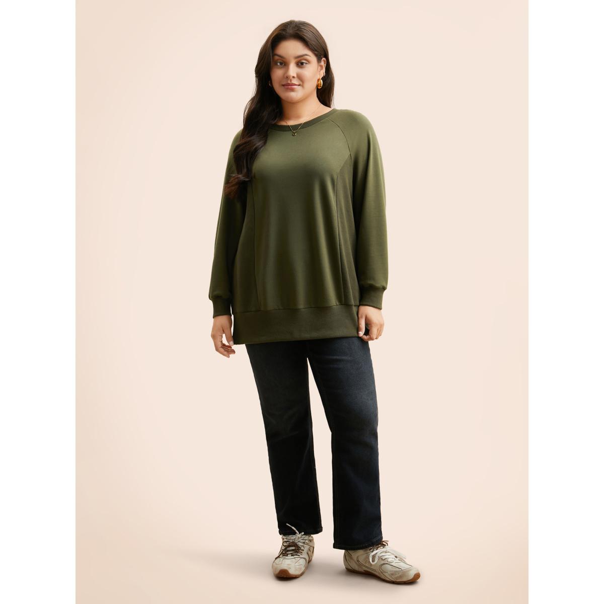 Plus Size Crew Neck Patchwork Split Hem T-shirt Women ArmyGreen Casual Patchwork Round Neck Everyday Sweatshirts BloomChic 30/6X Product Image